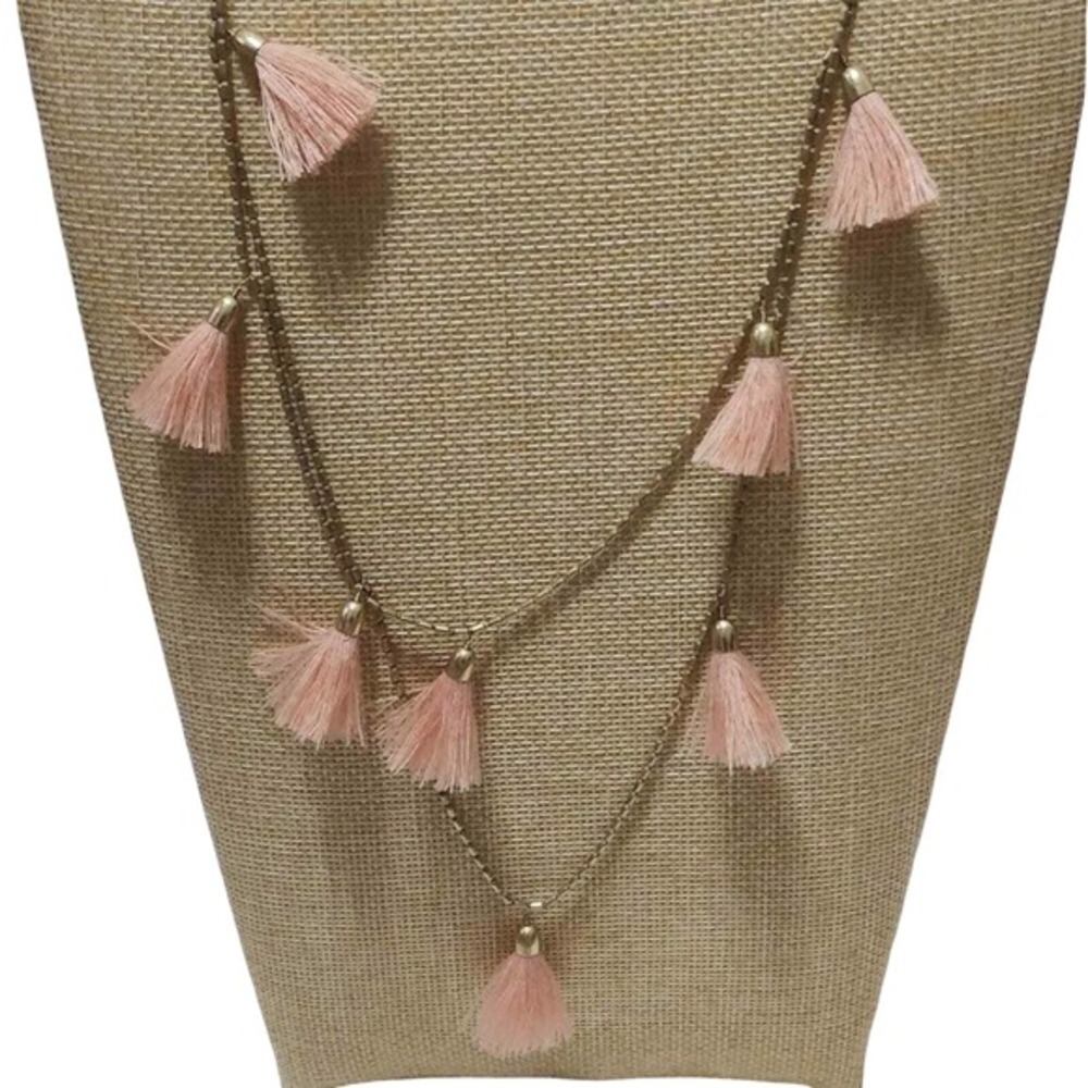 Lucky Brand Womens Layered‎ Tassel Necklace Gold Tone Pink Boho Statement
